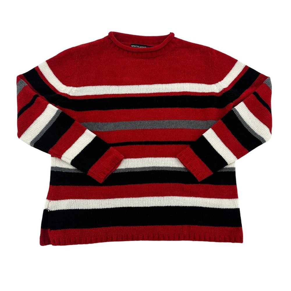 Speculation Women M Striped Crew Neck Sweater Cozy Red Black White Gray Casual